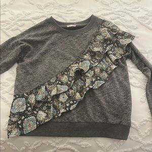 Gray Sweater with Floral Ruffle Accent